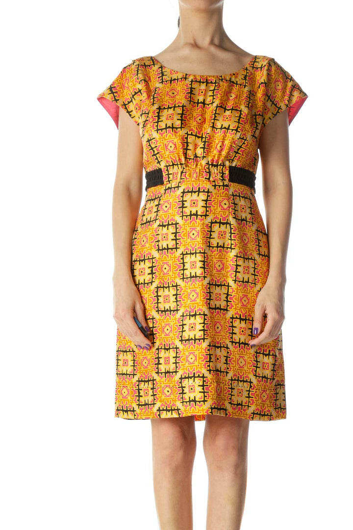 Orange and Multicolored Pattern Silk Work Dress