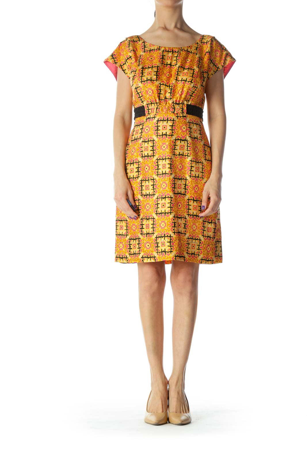 Orange and Multicolored Pattern Silk Work Dress