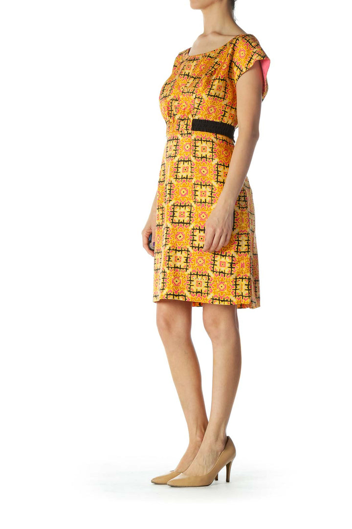 Orange and Multicolored Pattern Silk Work Dress