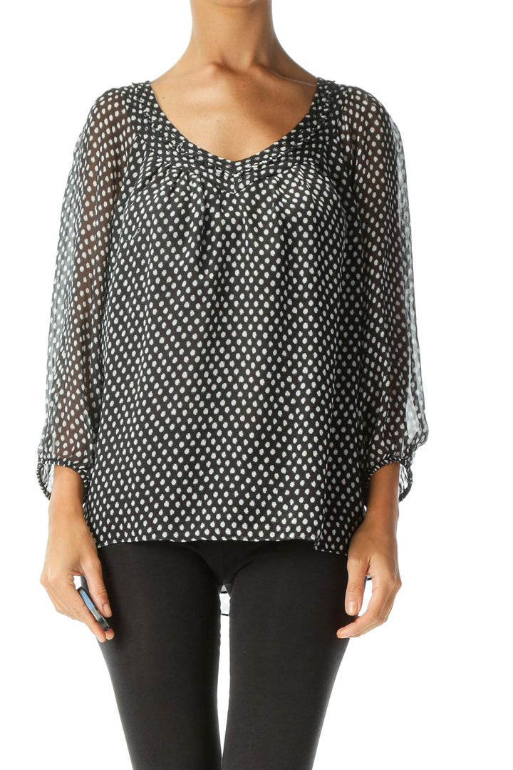 Black White Print V-Neck Long Sleeve Translucent Blouse