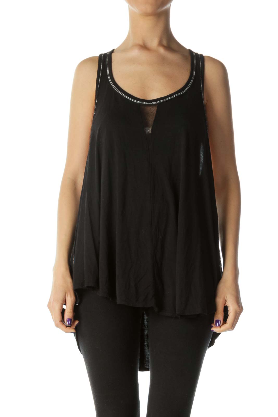 Front view of Free People black flowy tank top with mesh insert neckline