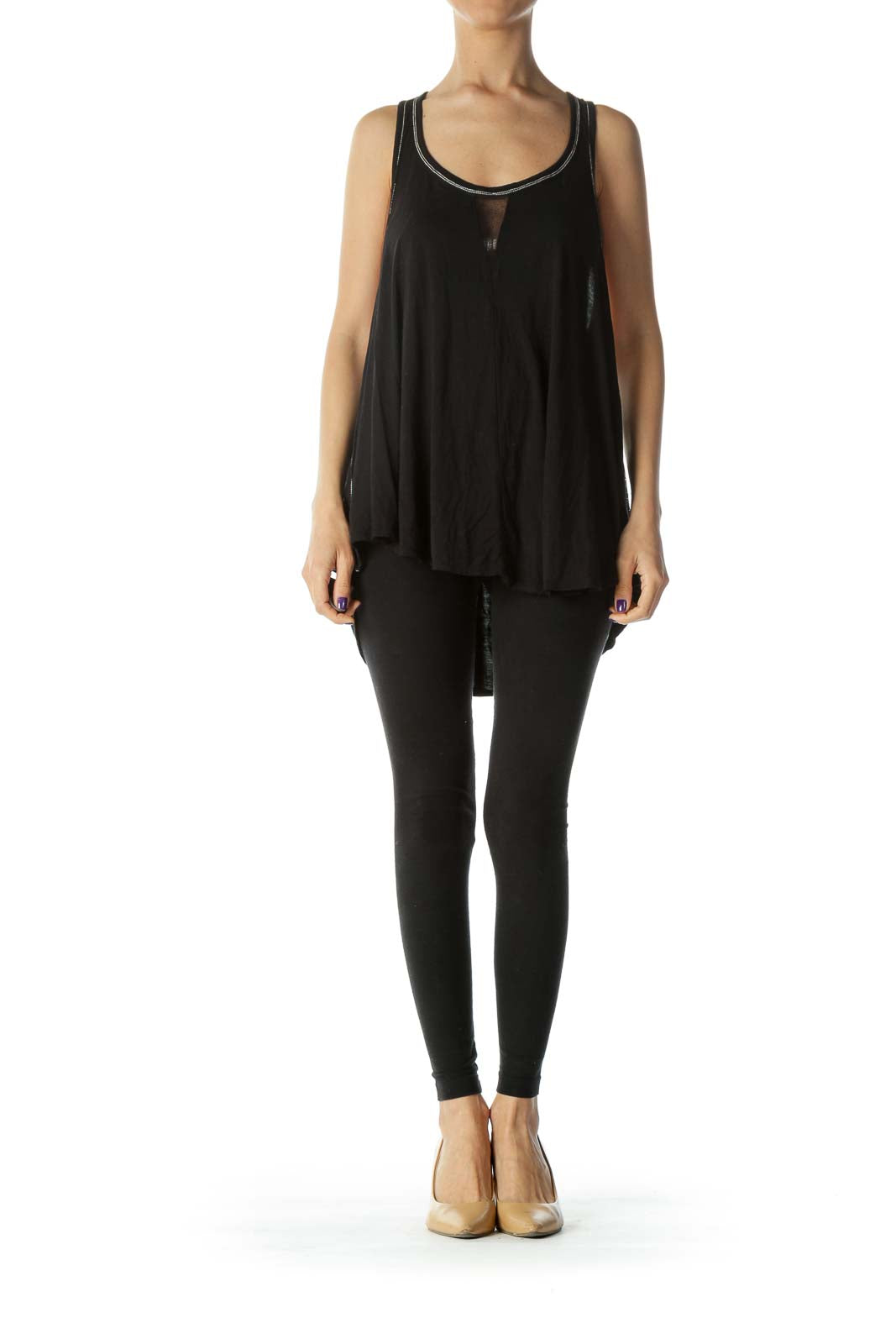 Front view of Free People black flowy tank top with mesh insert neckline