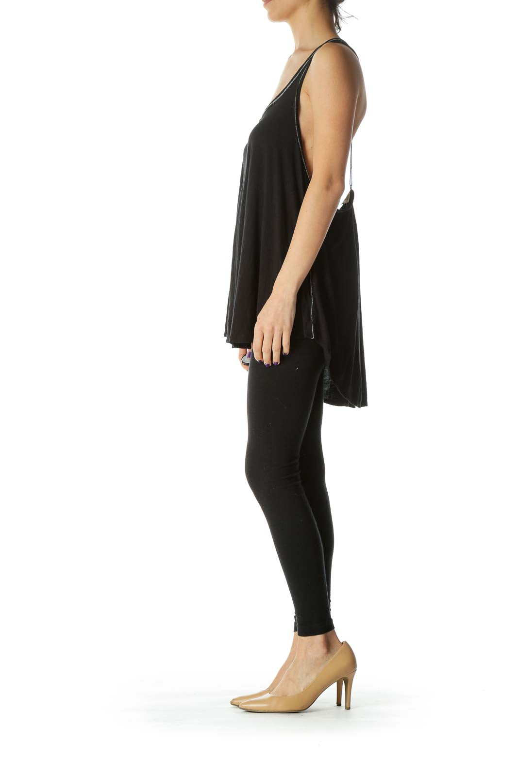 Front view of Free People black flowy tank top with mesh insert neckline