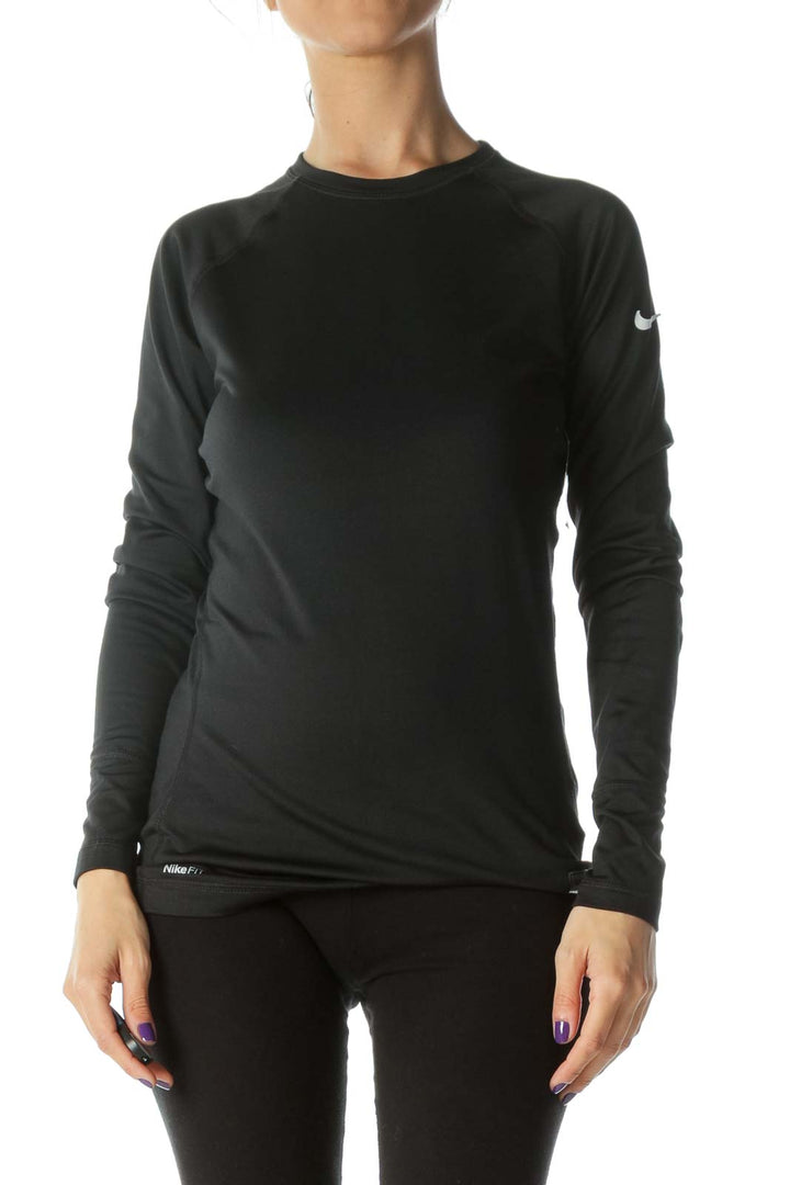 Black Shoulder-Logo Medium-Weight Long-Sleeve Crew-Neck Work-Out Top