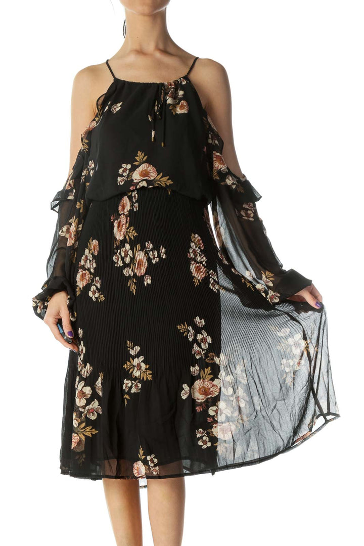 Black Floral Print Cold Shoulder Day Dress