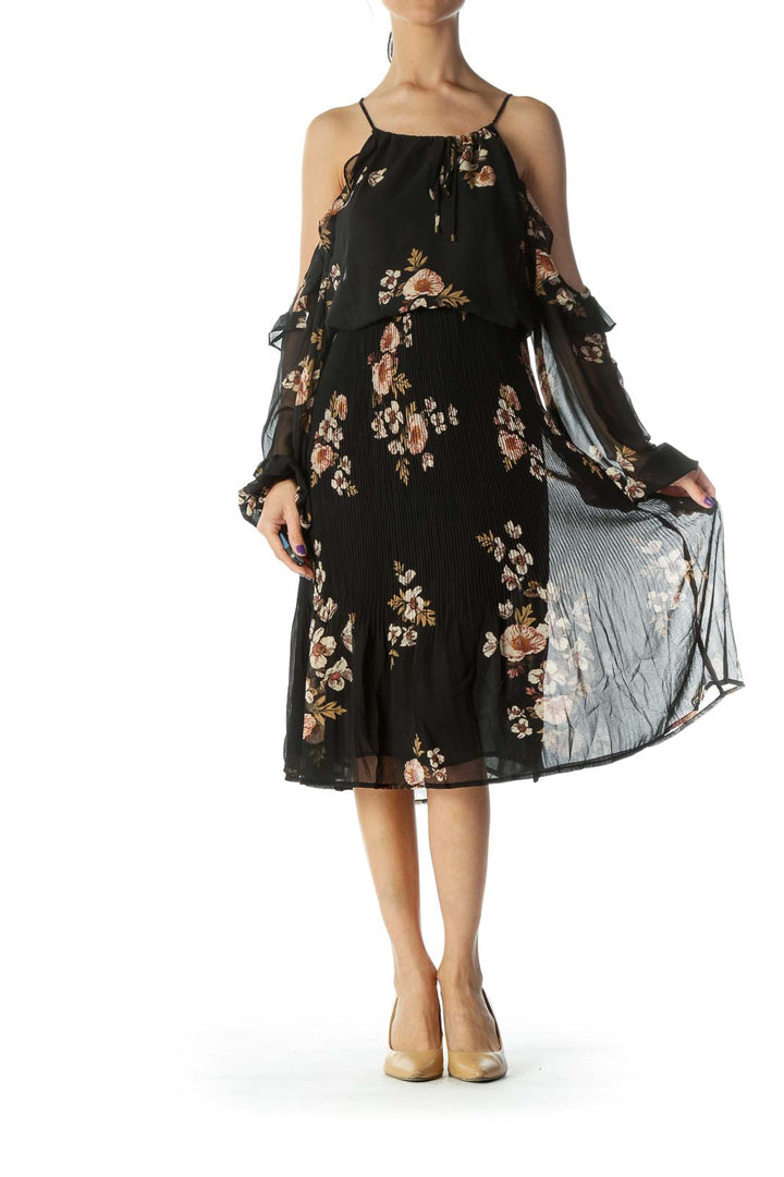 Black Floral Print Cold Shoulder Day Dress