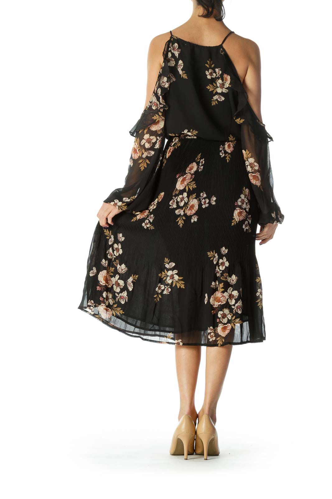 Black Floral Print Cold Shoulder Day Dress