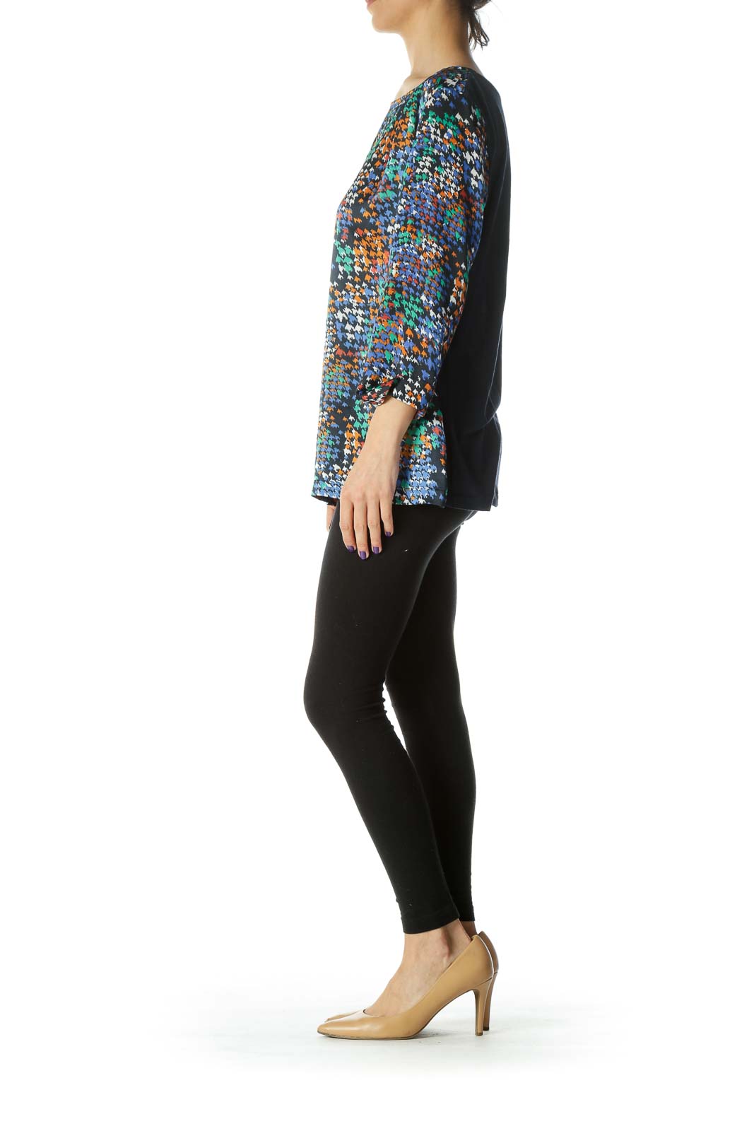 Navy Multi Front Pattern Shiny Blouse