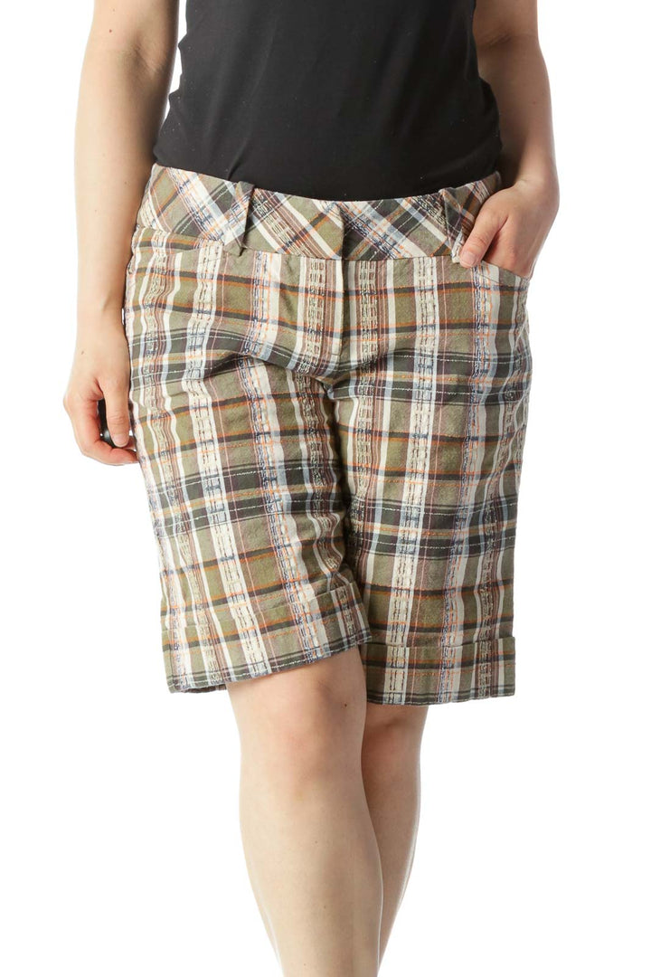 Green, Beige, and Orange Plaid Mid Rise Shorts