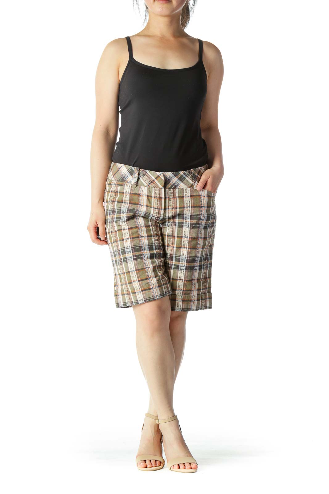 Green, Beige, and Orange Plaid Mid Rise Shorts