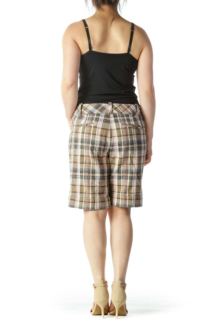 Green, Beige, and Orange Plaid Mid Rise Shorts