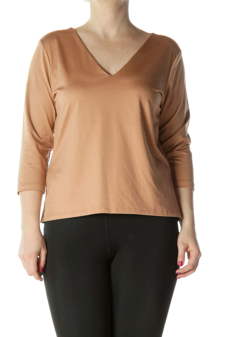 Beige V-Neck 3/4 Sleeve Top