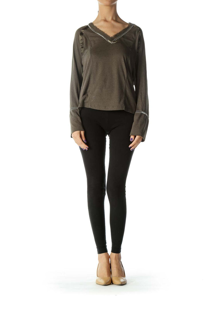 Green V-Neck Long Sleeve Top