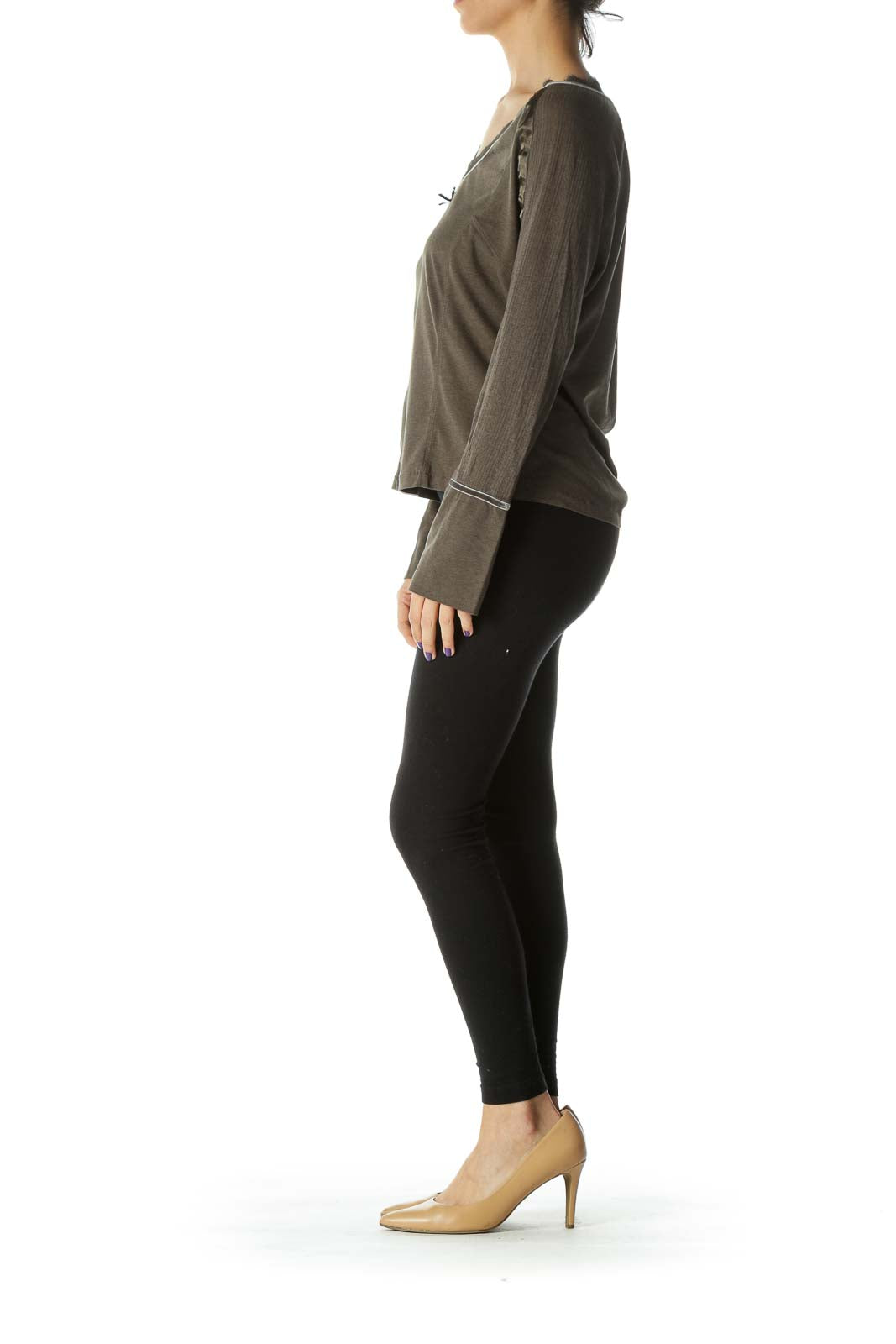 Green V-Neck Long Sleeve Top