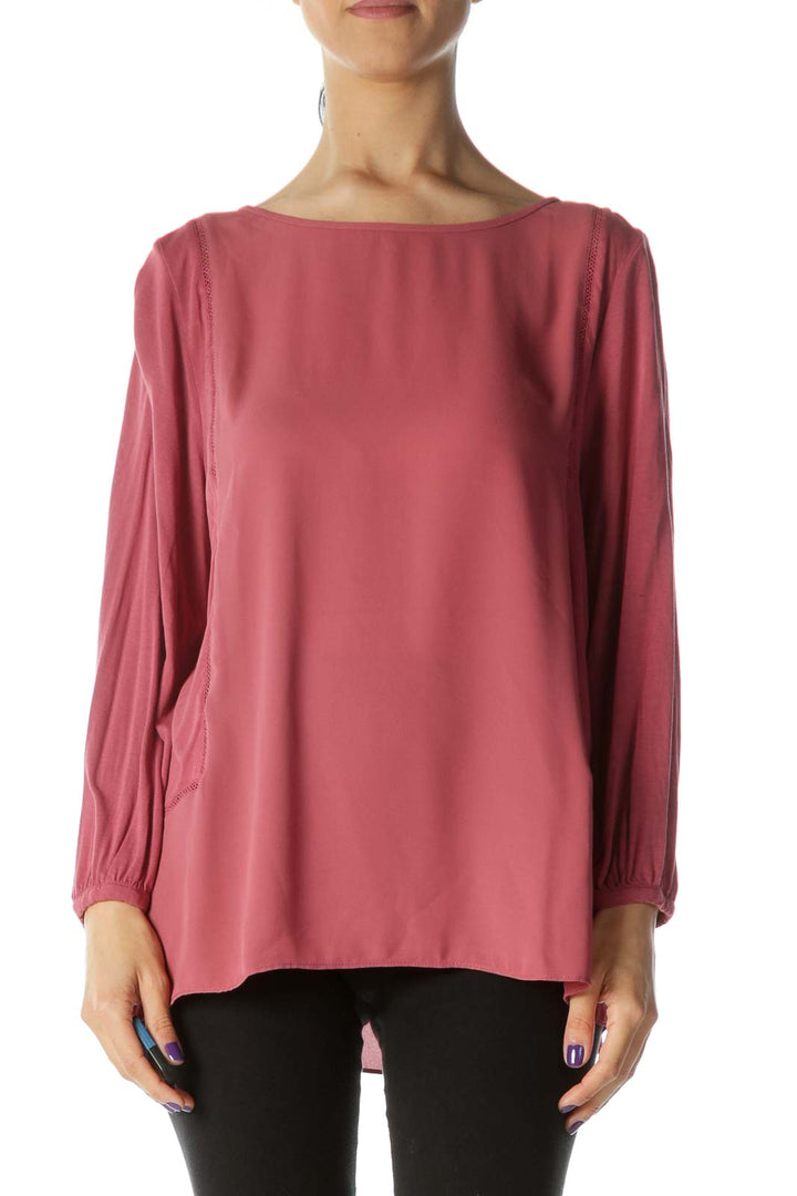 Deep Pink Long-Sleeve Mixed-Media Cut-out Piping Blouse