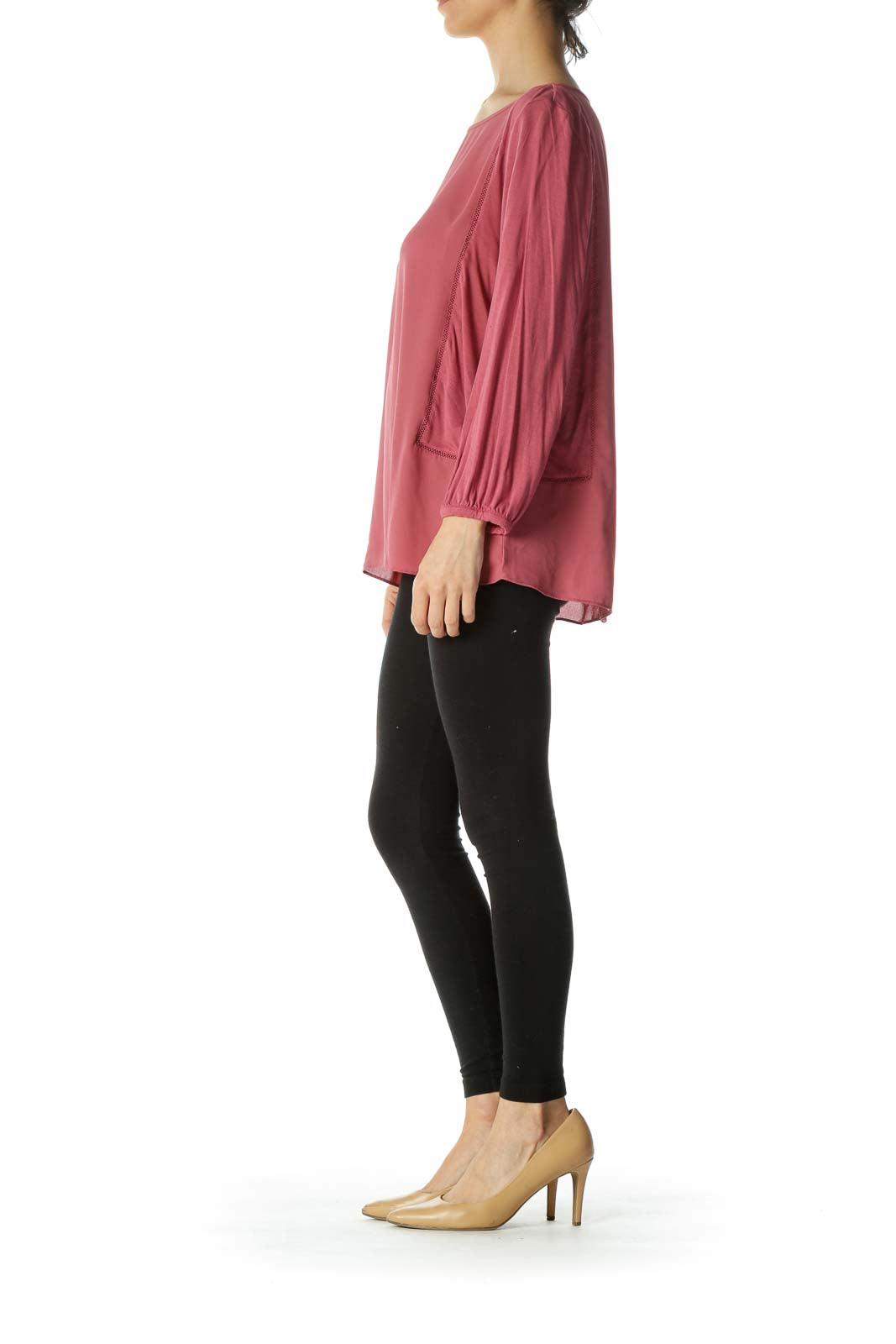 Deep Pink Long-Sleeve Mixed-Media Cut-out Piping Blouse