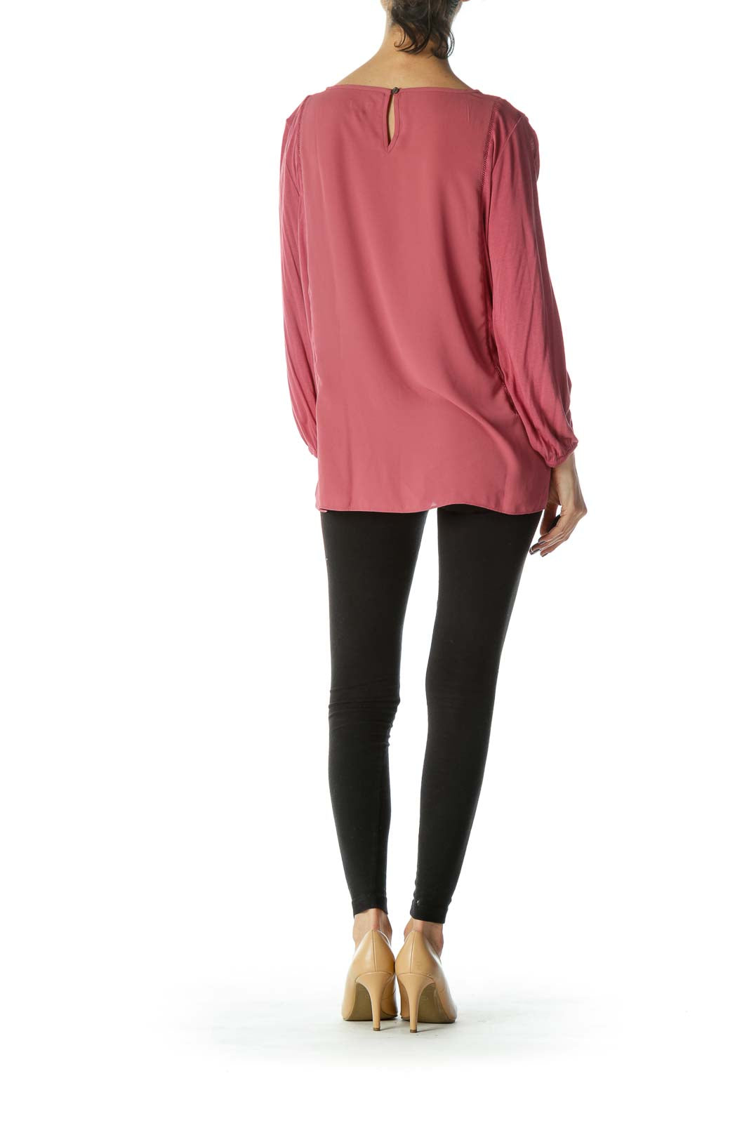 Deep Pink Long-Sleeve Mixed-Media Cut-out Piping Blouse