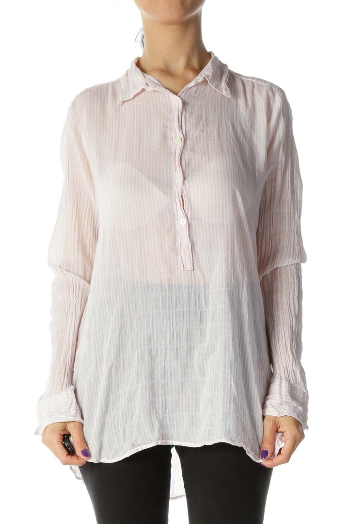 Pink & White Striped Long-Sleeve Light-Weight Button-Down Shirt