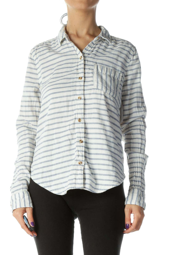 White & Blue Striped Medium-Weight Brown-Button-Down