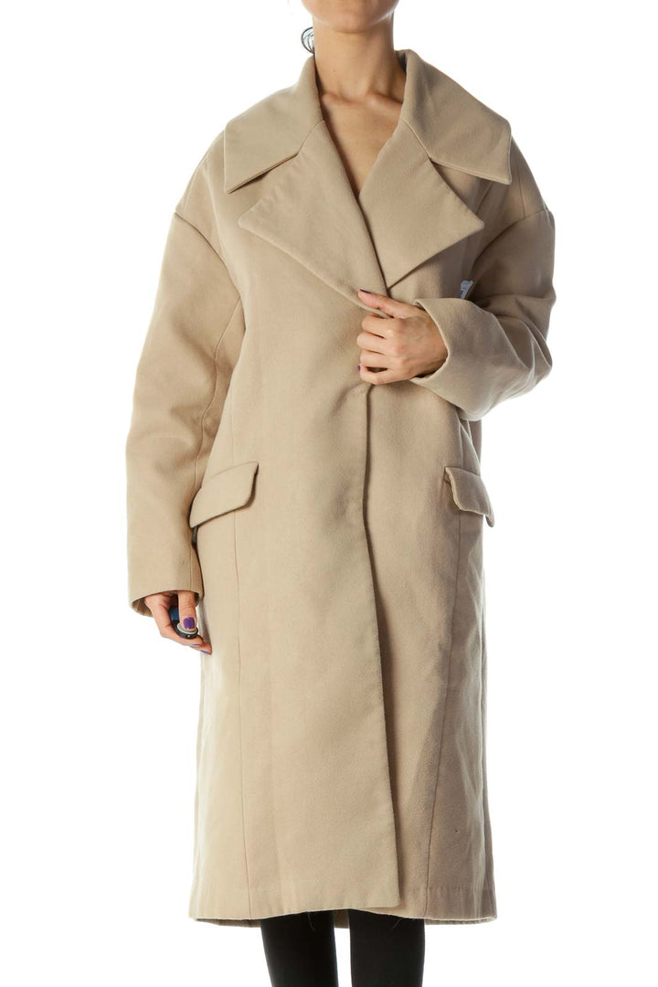 Beige Pocketed Long Single Breasted Coat