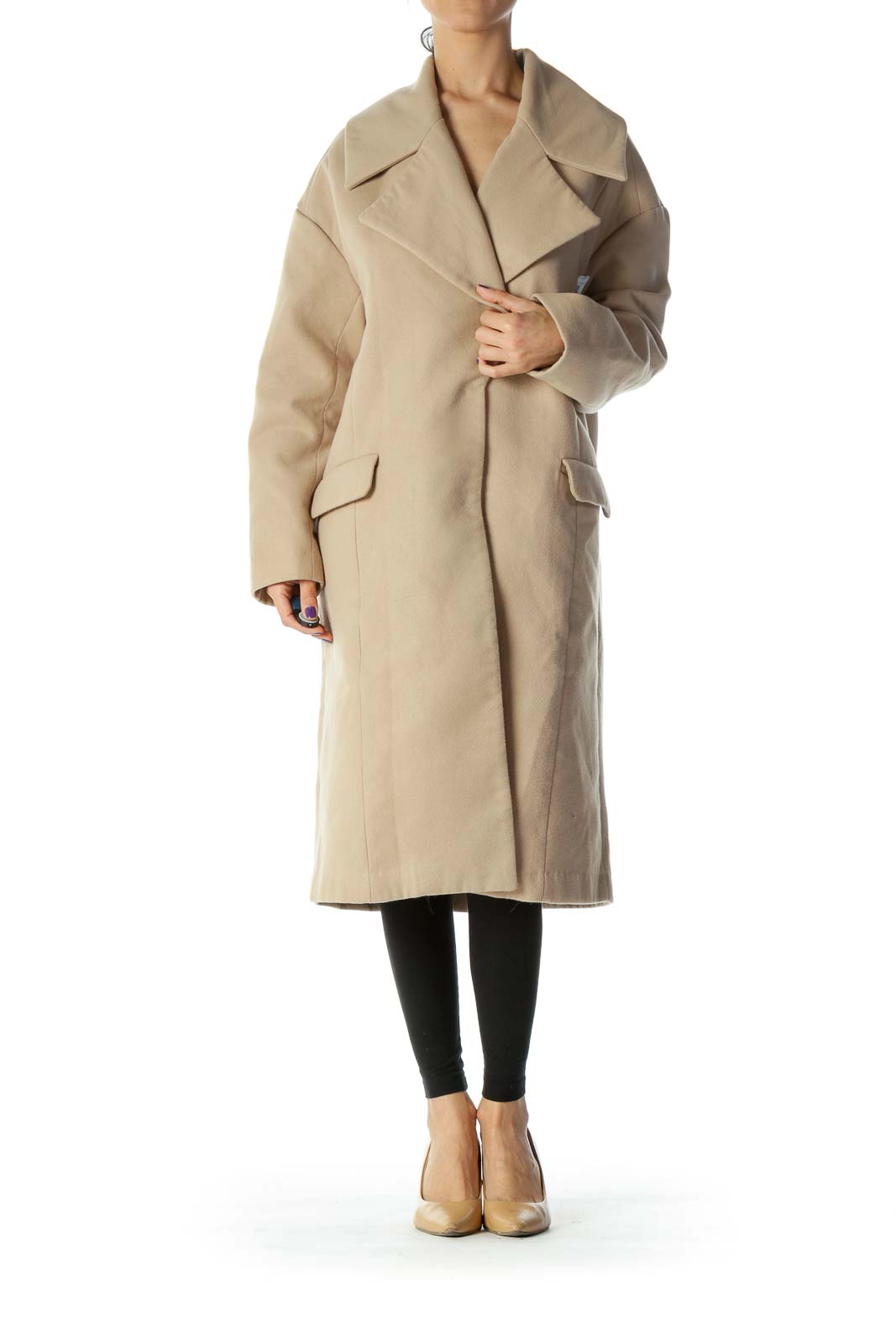 Beige Pocketed Long Single Breasted Coat