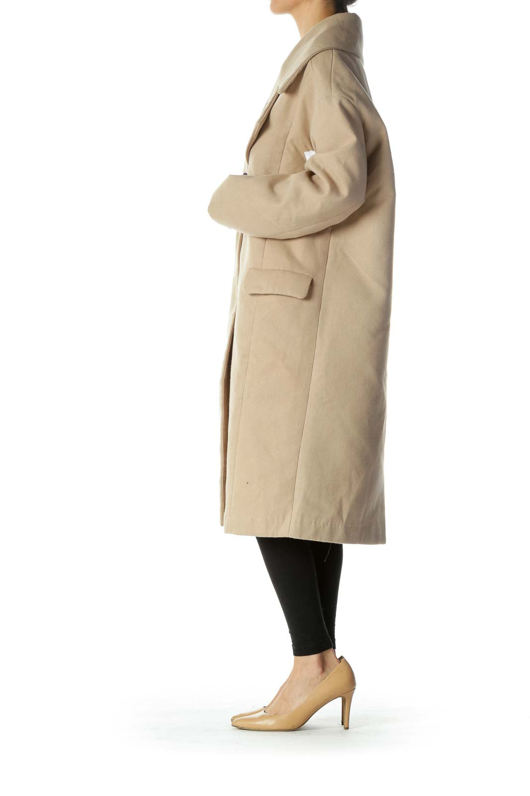 Beige Pocketed Long Single Breasted Coat