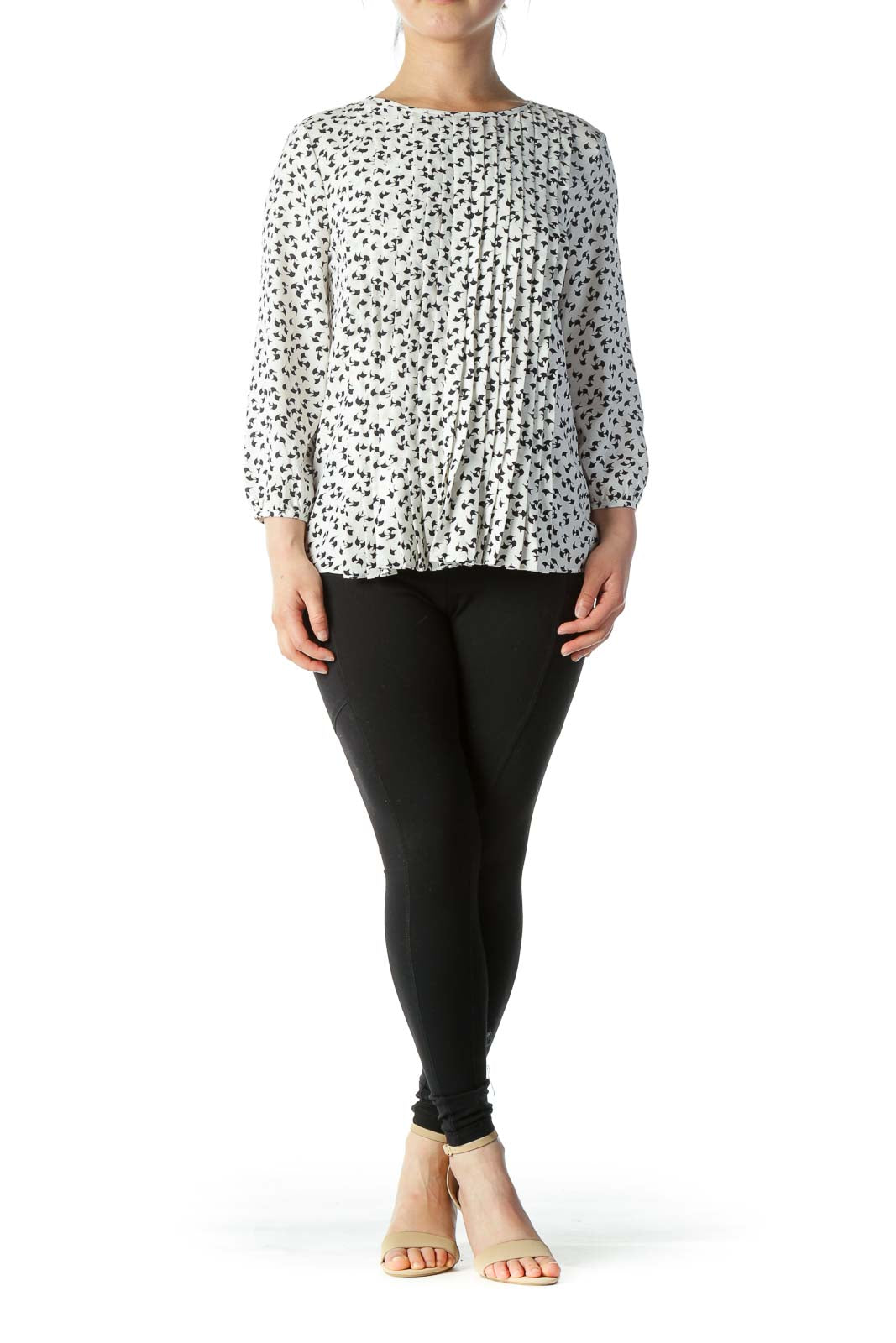 Black & White Printed Pleated Long-Sleeve Blouse