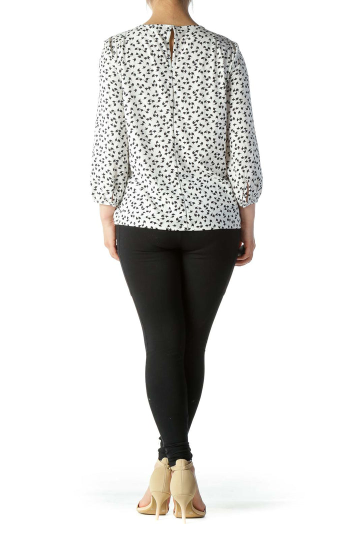 Black & White Printed Pleated Long-Sleeve Blouse