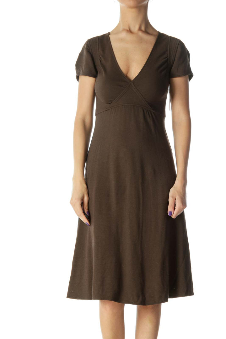 Brown Vneck Detail Dress