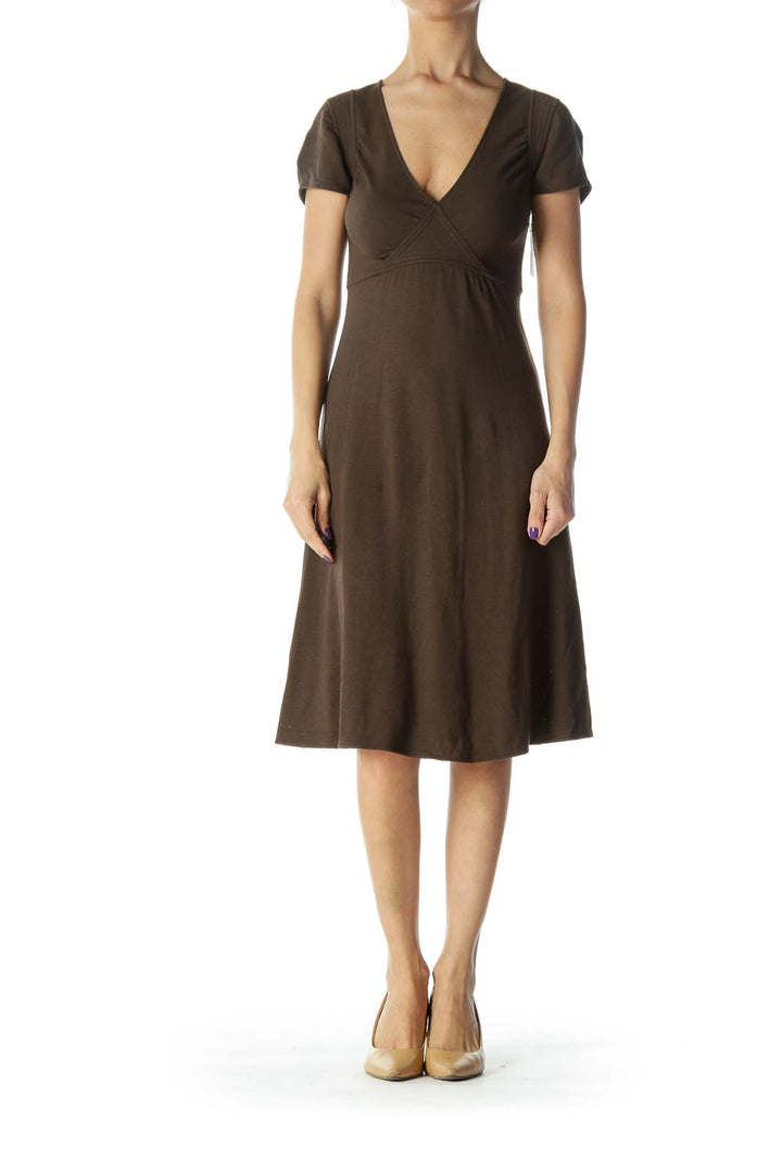 Brown Vneck Detail Dress