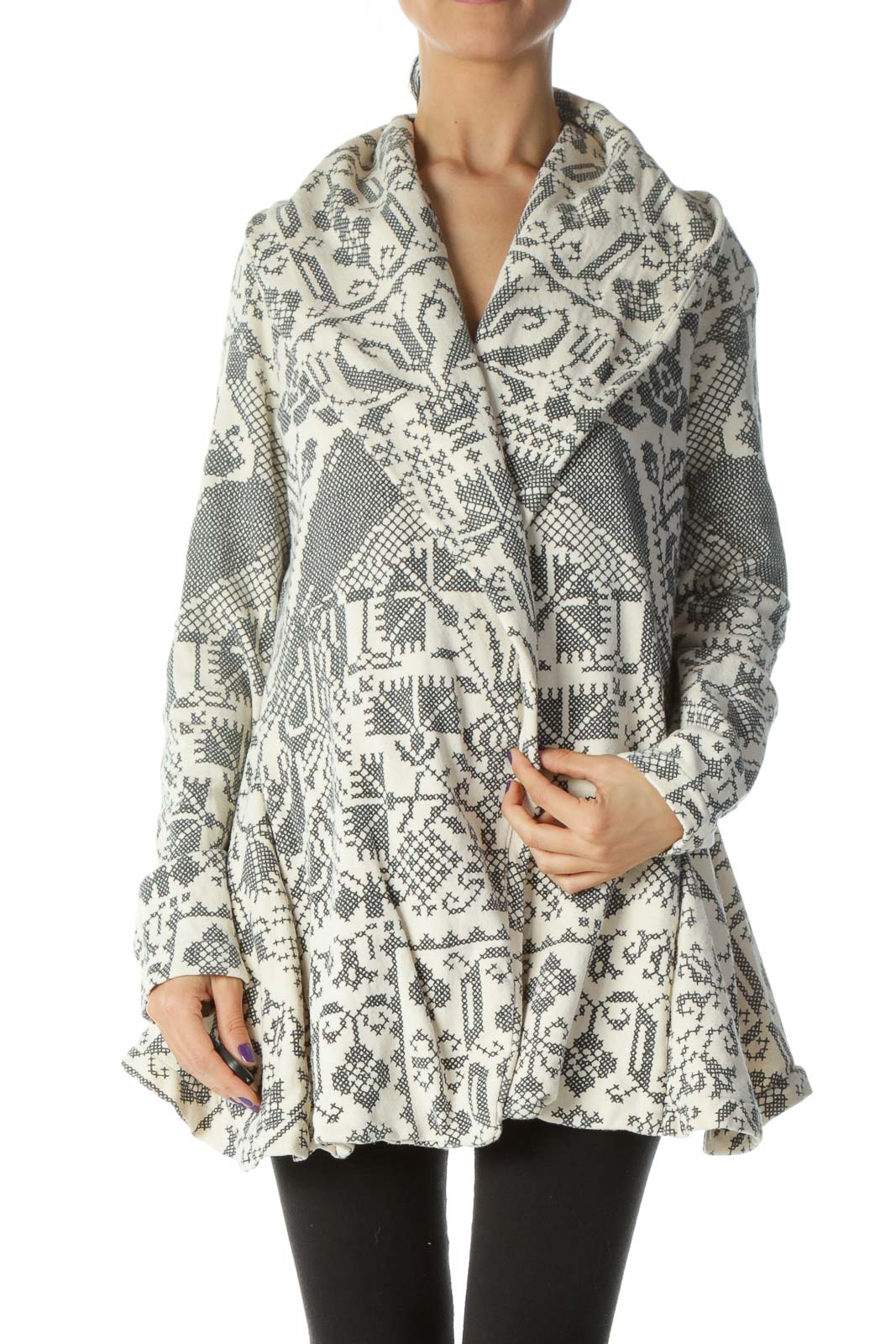 Front view of Free People gray and white patterned knit cardigan on model