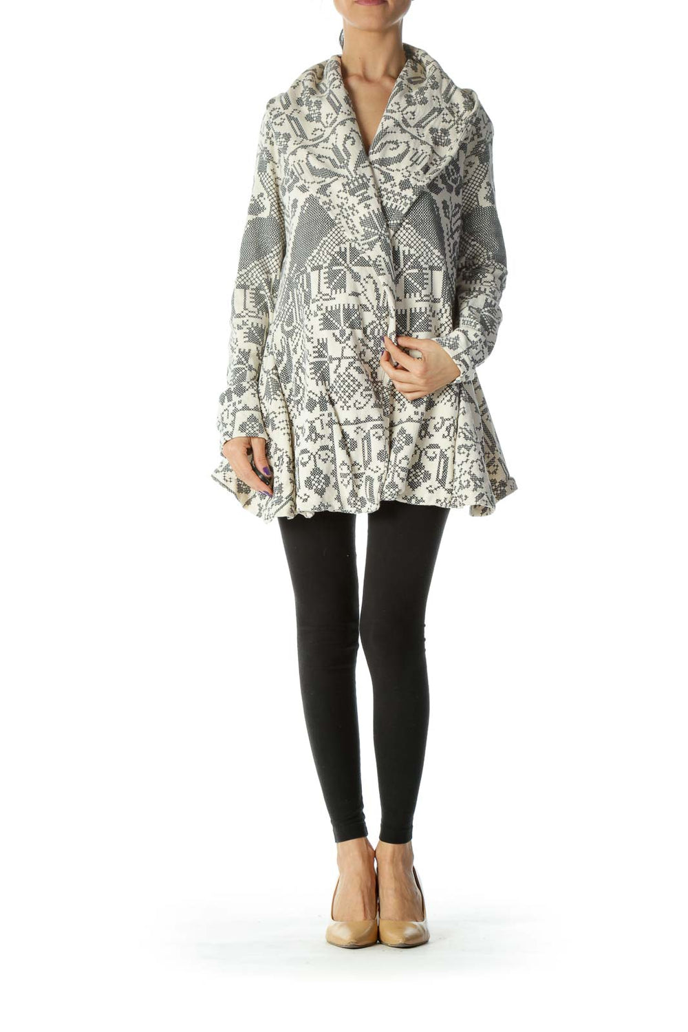 Front view of Free People gray and white patterned knit cardigan on model