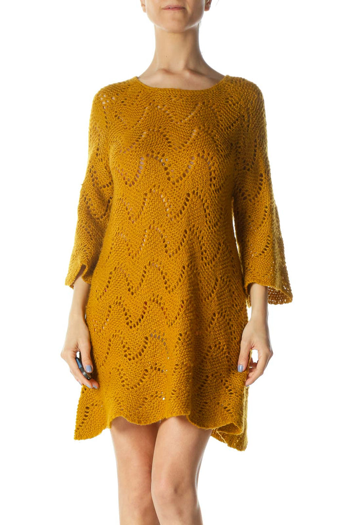 Mustard-Yellow Round-Neck Long-Sleeve Knit See-Through Dress