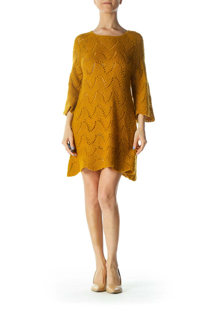 Mustard-Yellow Round-Neck Long-Sleeve Knit See-Through Dress