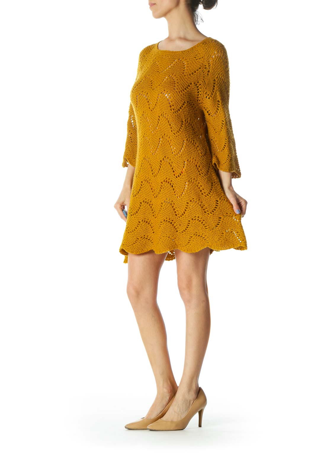 Mustard-Yellow Round-Neck Long-Sleeve Knit See-Through Dress