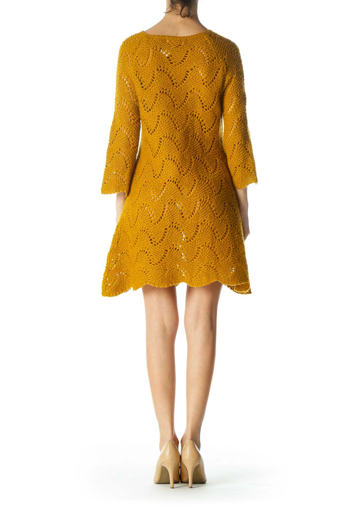 Mustard-Yellow Round-Neck Long-Sleeve Knit See-Through Dress