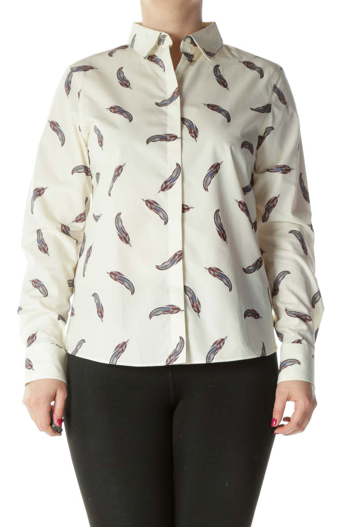 Cream Blue Red Feather Shirt