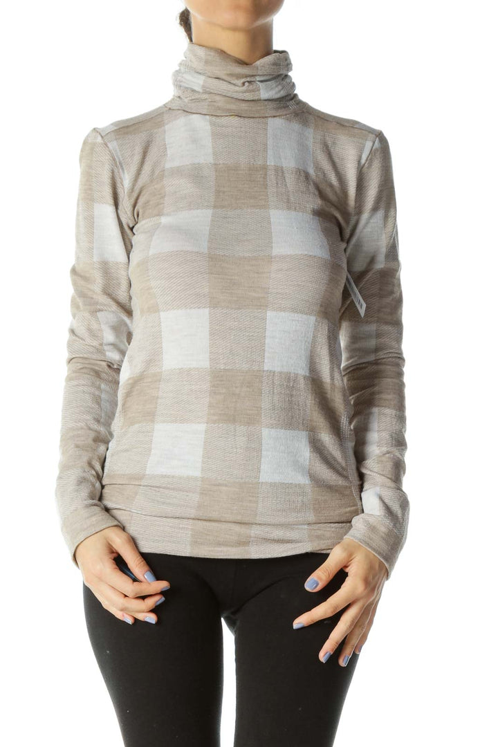 Beige/White Turtle-Neck Long-Sleeve Textured Gingham Knit Activewear Top