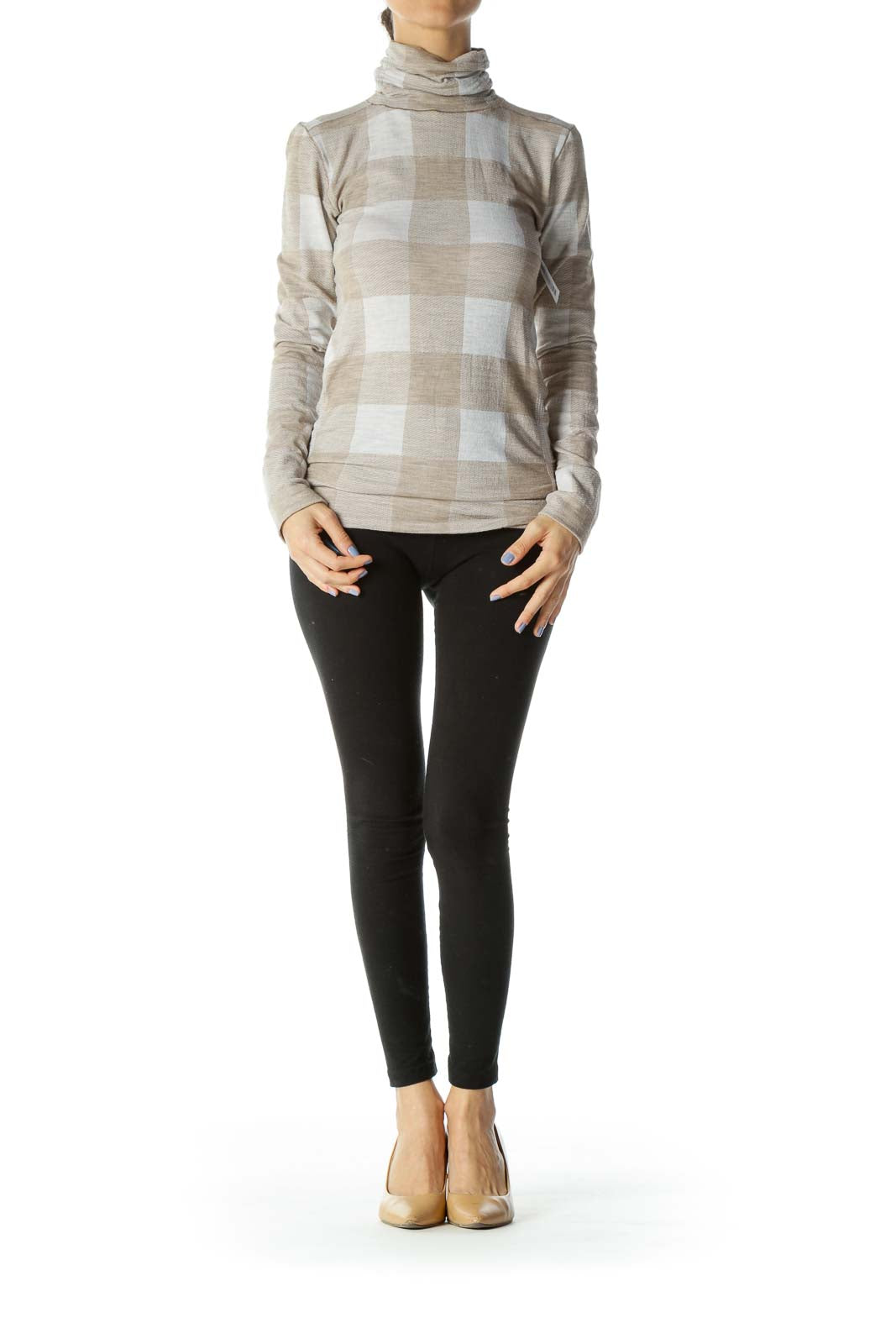 Beige/White Turtle-Neck Long-Sleeve Textured Gingham Knit Activewear Top