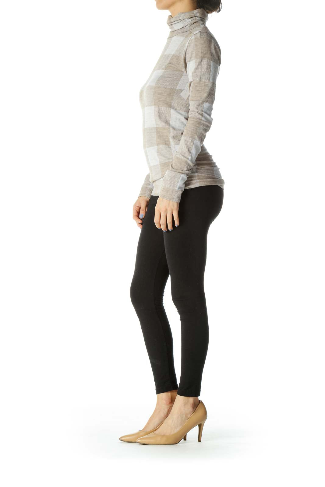 Beige/White Turtle-Neck Long-Sleeve Textured Gingham Knit Activewear Top