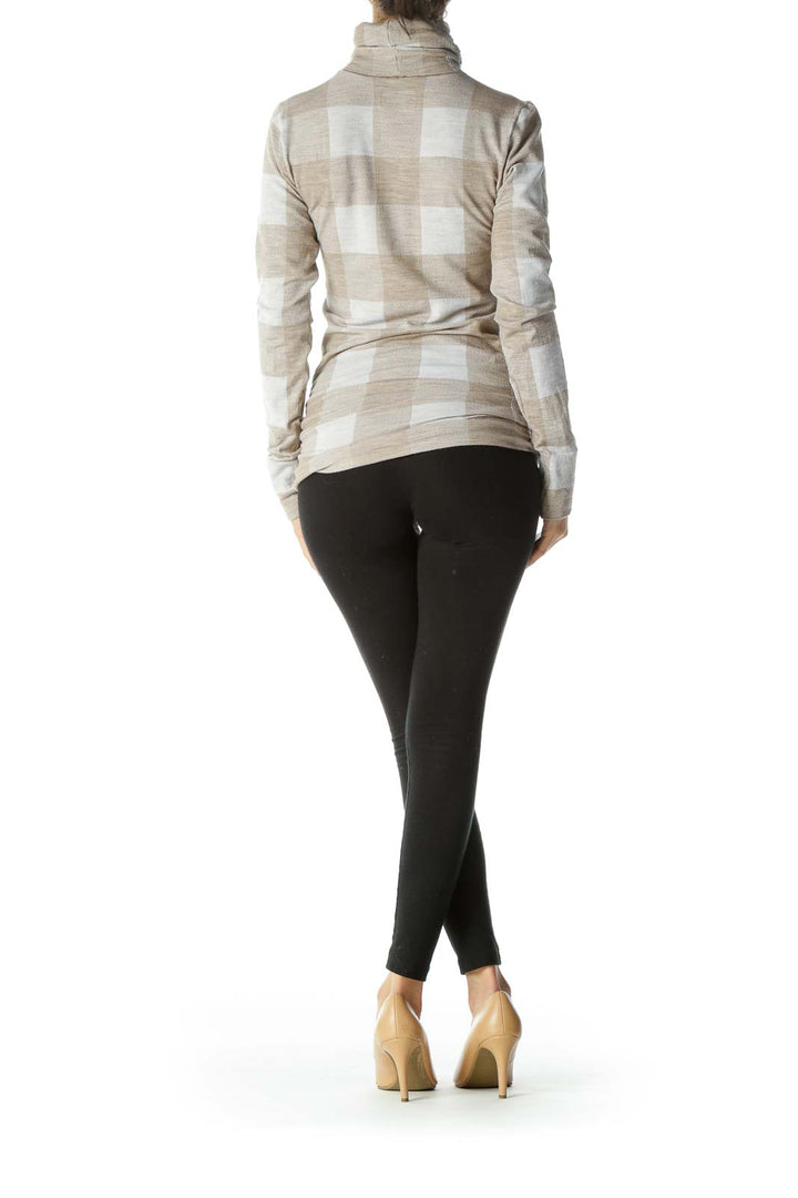 Beige/White Turtle-Neck Long-Sleeve Textured Gingham Knit Activewear Top