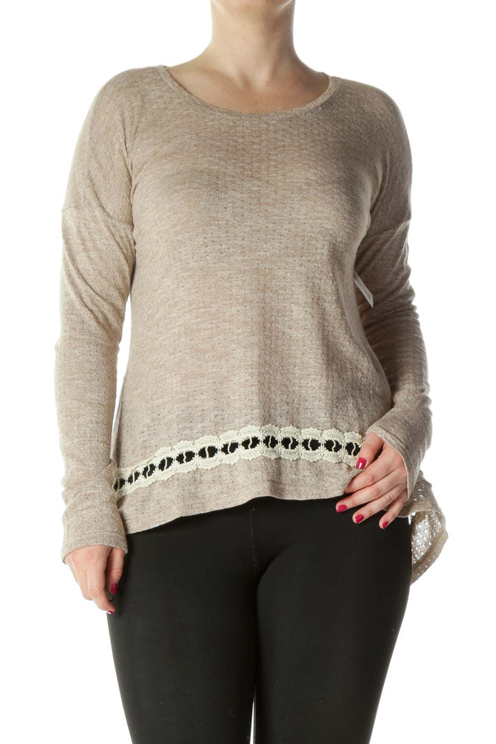 Beige Lace Detail Long Sleeve Top