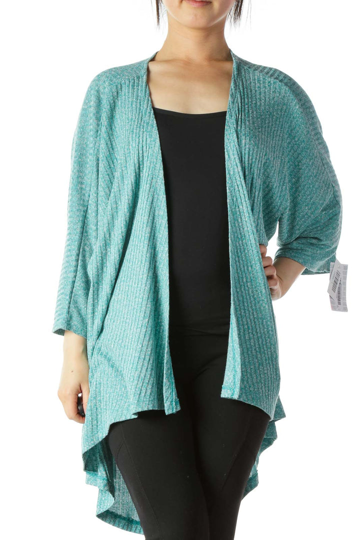 Blue Gray Short-Sleeve Stretch Knit Cardigan