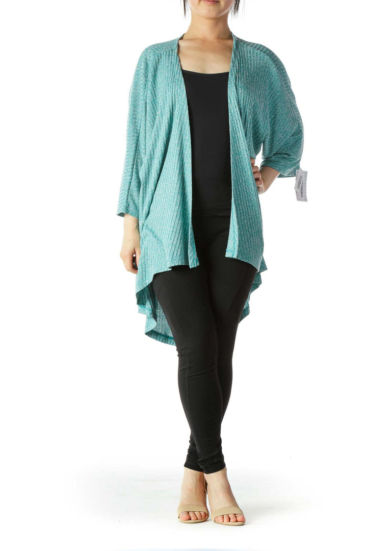 Blue Gray Short-Sleeve Stretch Knit Cardigan