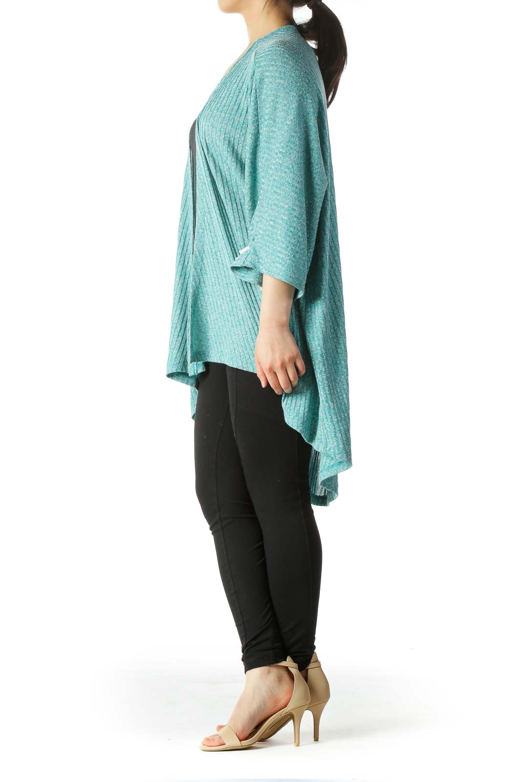 Blue Gray Short-Sleeve Stretch Knit Cardigan