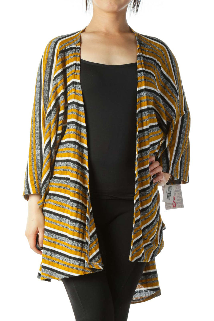 Yellow White Black Striped Short Sleeve Knit Cardigan