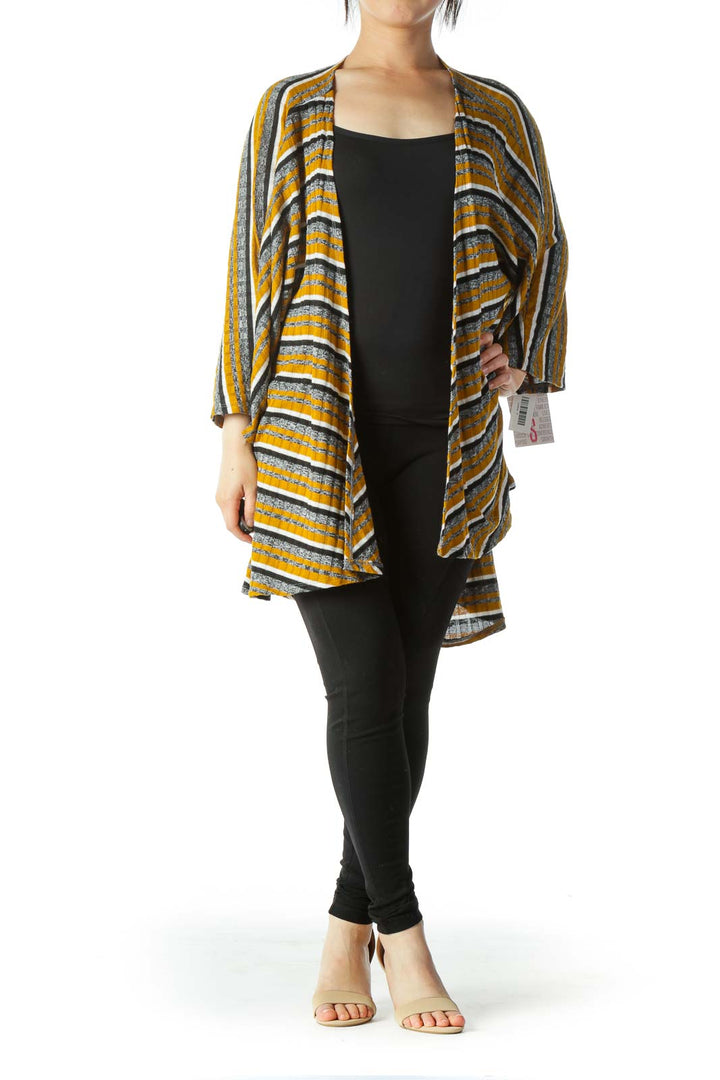 Yellow White Black Striped Short Sleeve Knit Cardigan