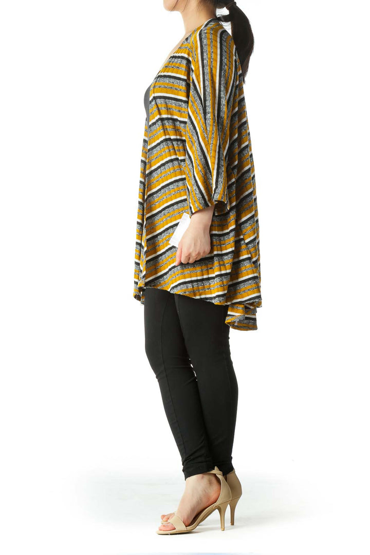 Yellow White Black Striped Short Sleeve Knit Cardigan