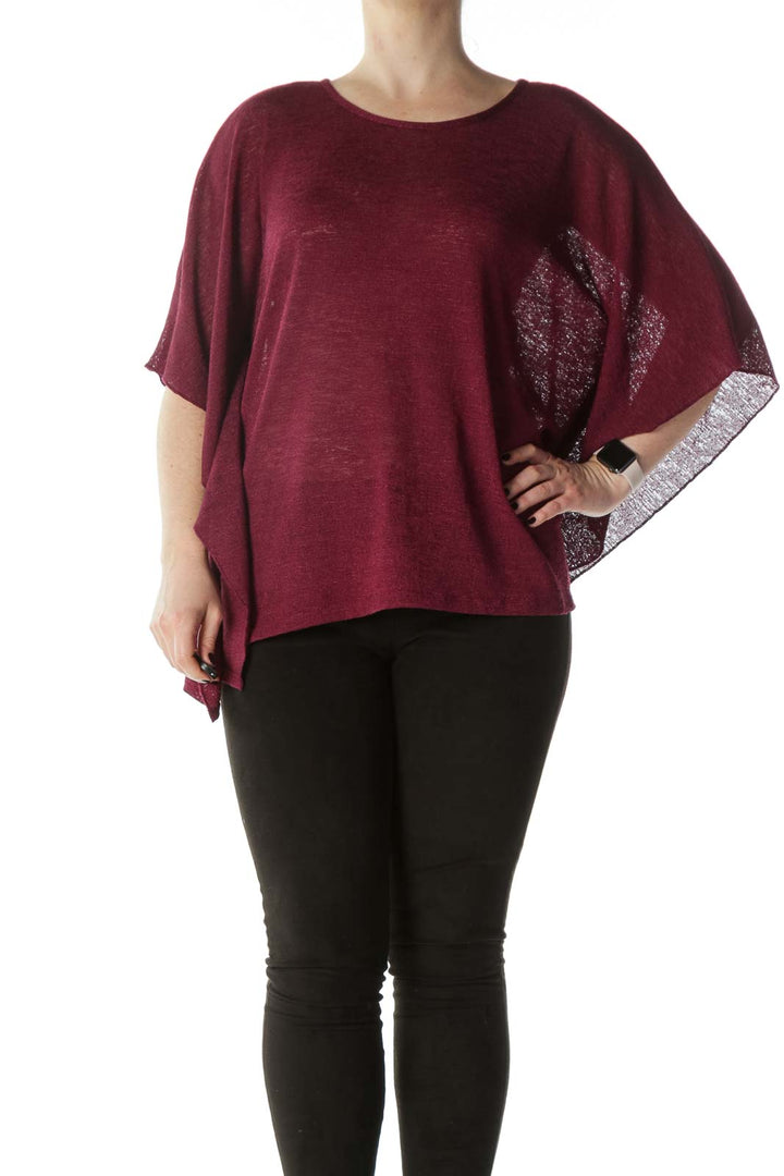 Burgundy Flared-Sleeves See-Through-Knit Top