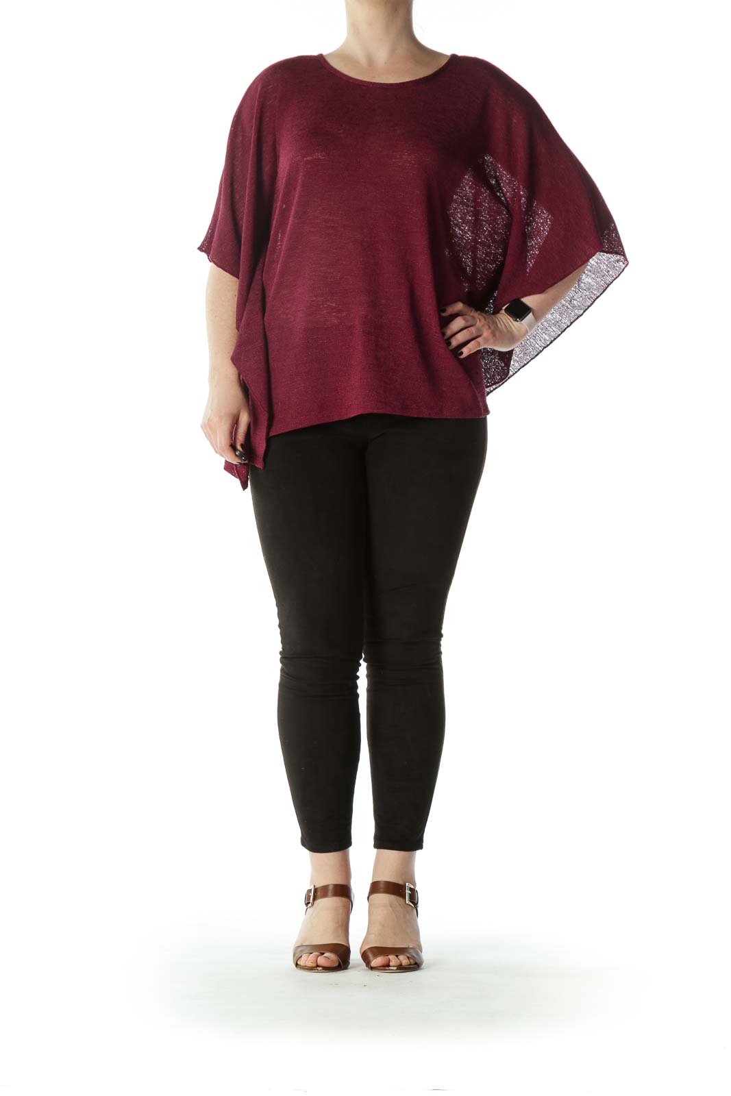 Burgundy Flared-Sleeves See-Through-Knit Top